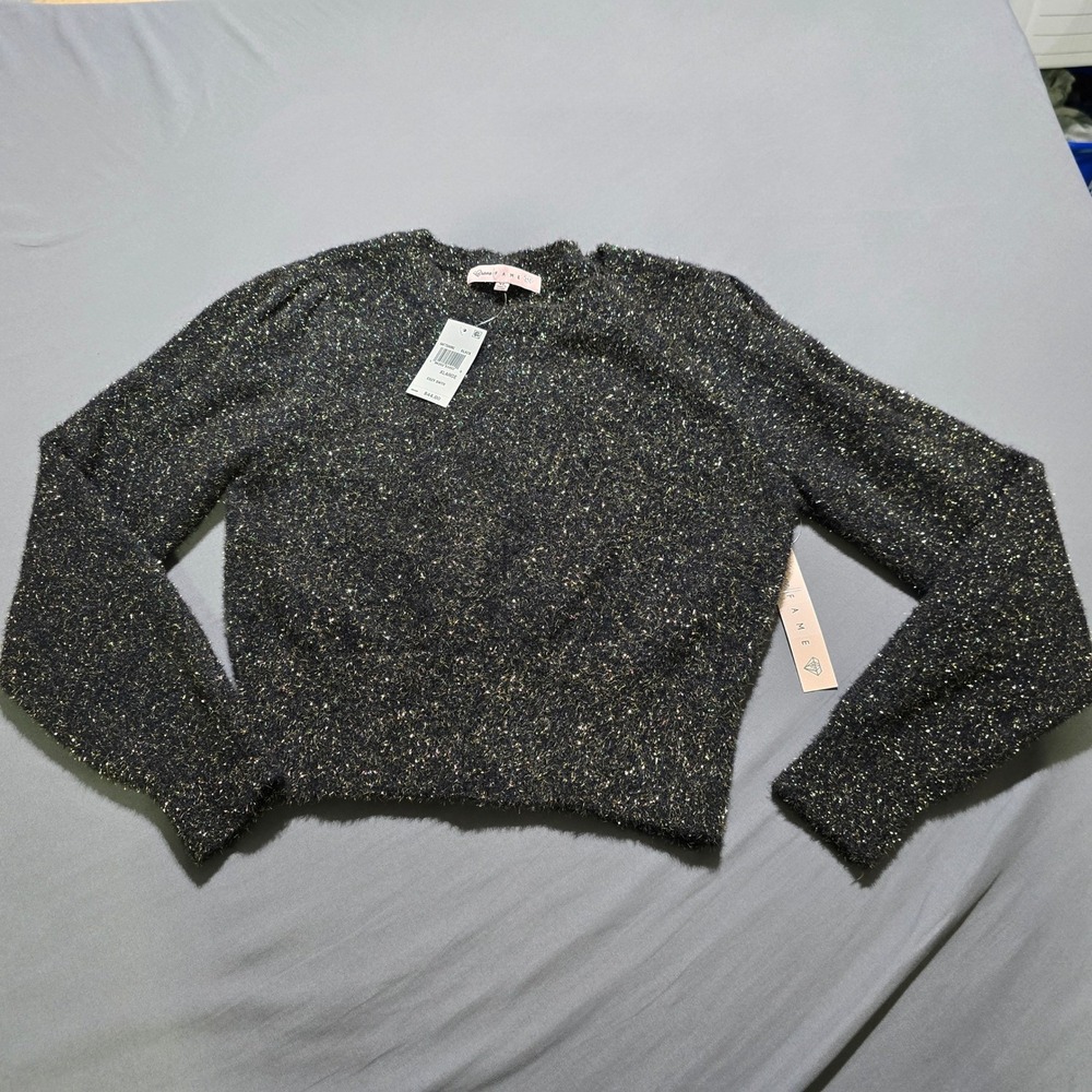 new Crave Fame Sweater Womens XL Black Gold Metallic Fuzzy Cropped NEW